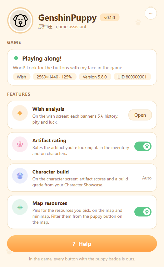 Sample GenshinPuppy home window with status and feature switches